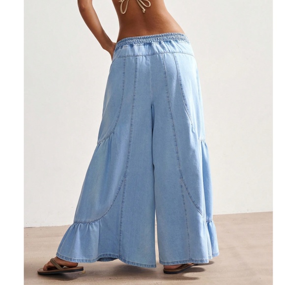 Light Wash Solid Wide leg Stretchy Waist Denim Jeans Pants - Picture 4 of 7